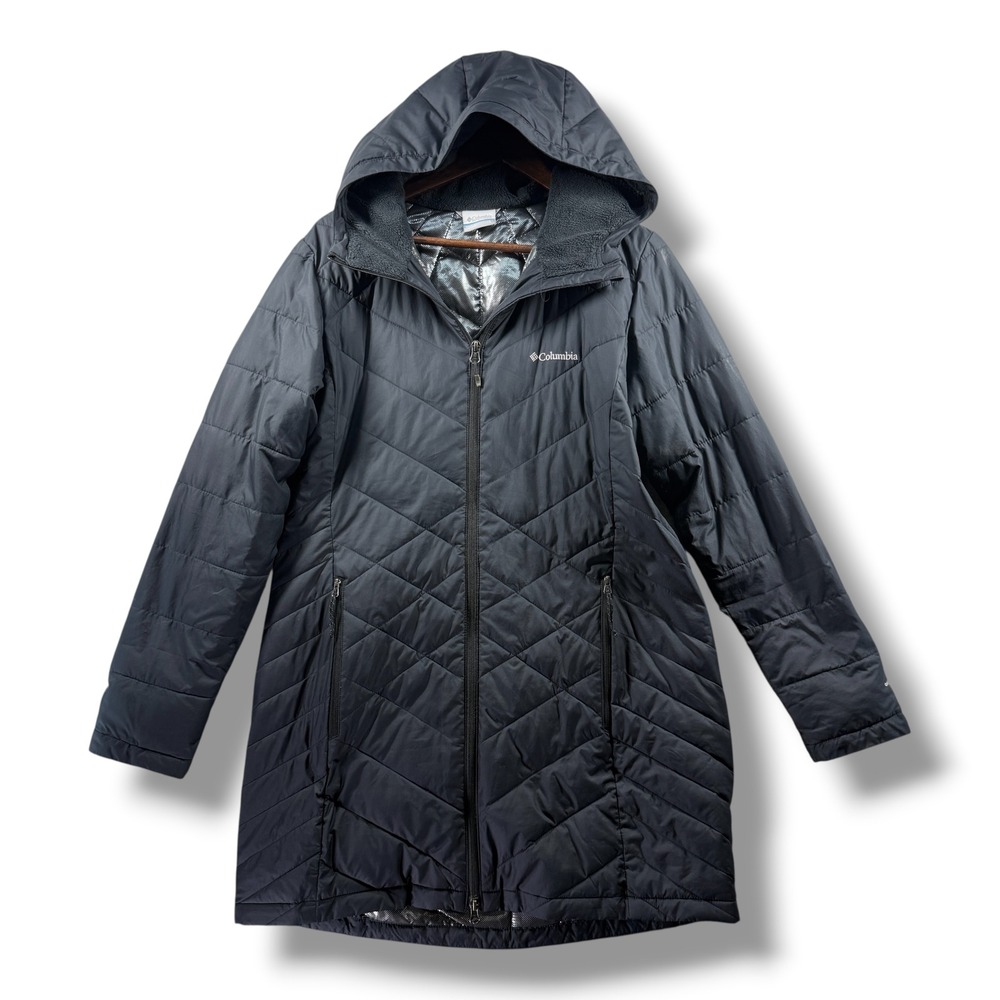 Columbia Womens Omni-Heat Black Quilted Hooded Parka Jacket Long Coat L